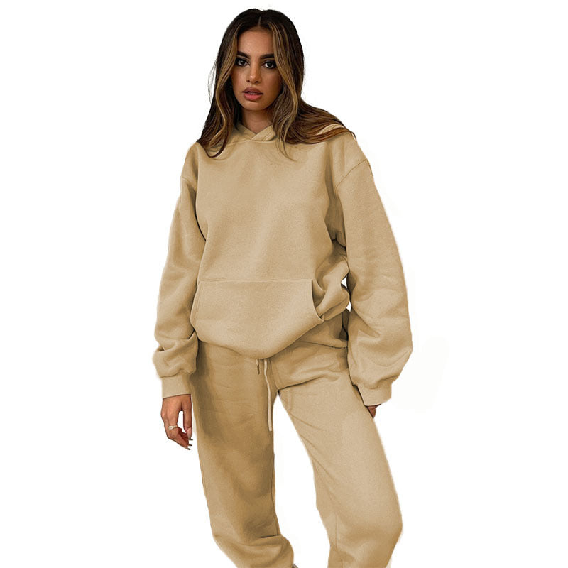 Solid-color Hooded Long-sleeve Sweatshirt And Pants Set For Fallwinter