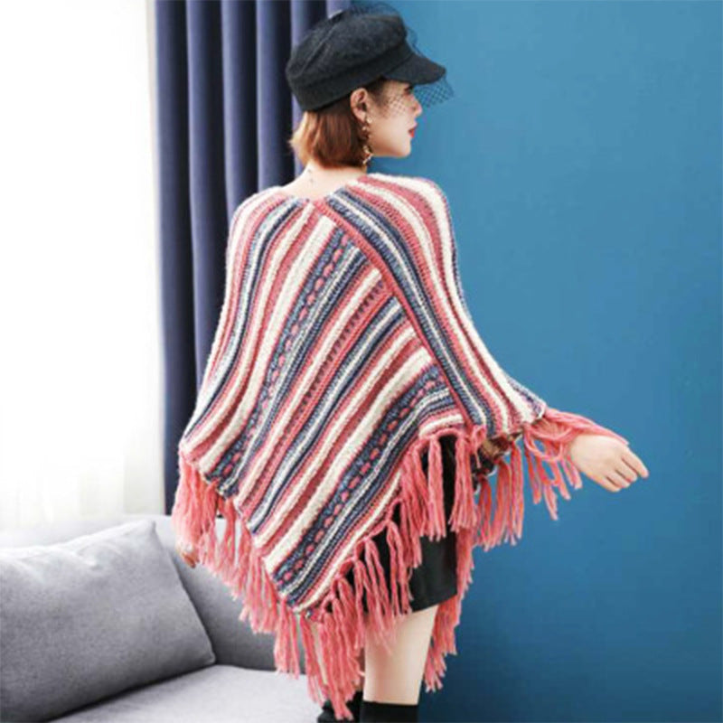 Striped wool fringe diamond hem women's shawl