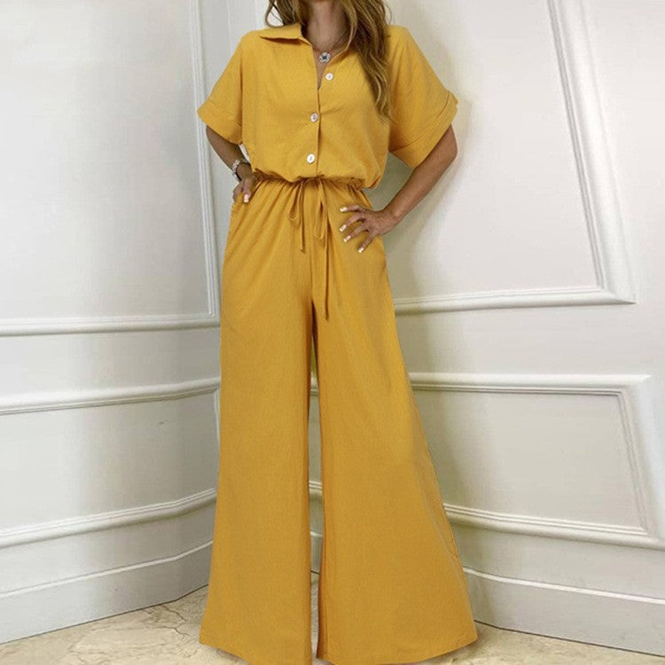 Turnover Collar High Waist Wide Leg Jumpsuit Work Suit