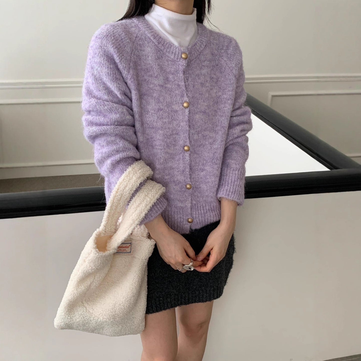 Metal Buckle Round Neck Knitted Cardigan Loose Casual