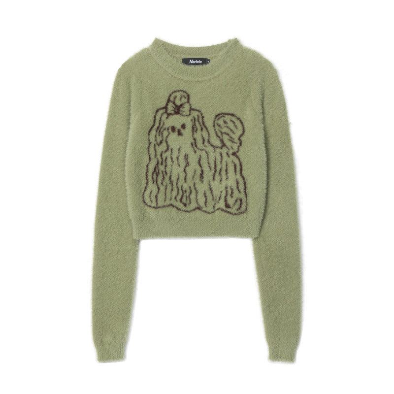 Green Puppy Plush Short Autumn And Winter Sweater Women's Round Neck Cute