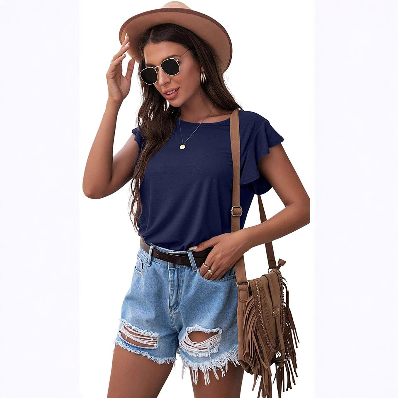 Women's Round Neck Ruffled Short Sleeve T-shirt