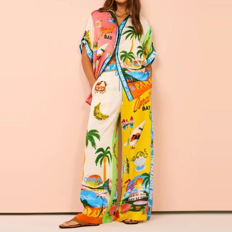 Womens Fashion Printed Color-block Top And Pants Set