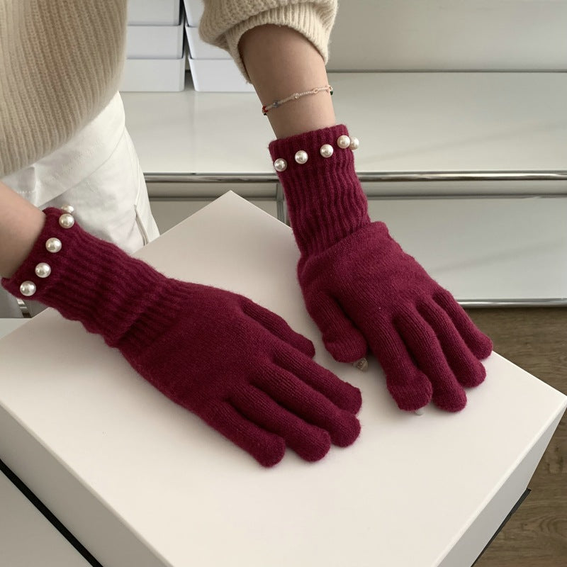 Solid Color Knitted Pearl Warm Knitted Gloves