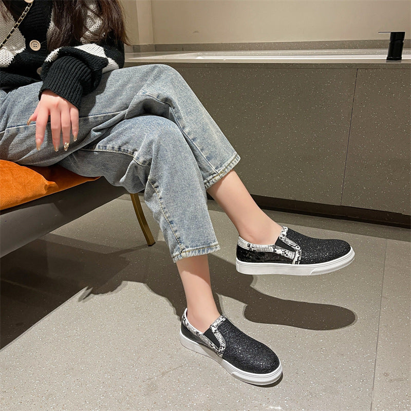 Flat Bottom Snake Pattern Pumps Female Sequins Round Toe Board Shoes