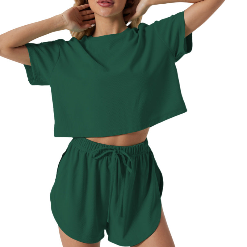 Womens Casual Two-Piece Set Short-Sleeve Top With Elastic Waist Shorts