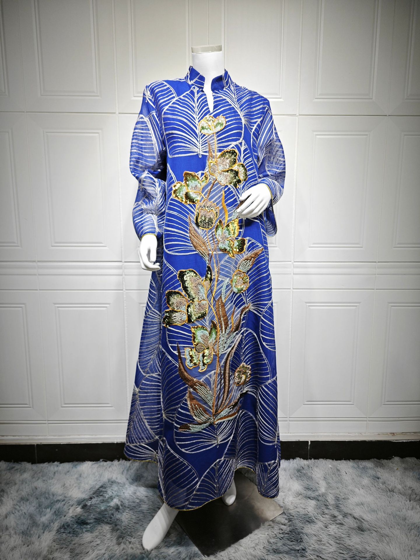 Womens Fashion Mesh Embroidered Long-Sleeve Dress