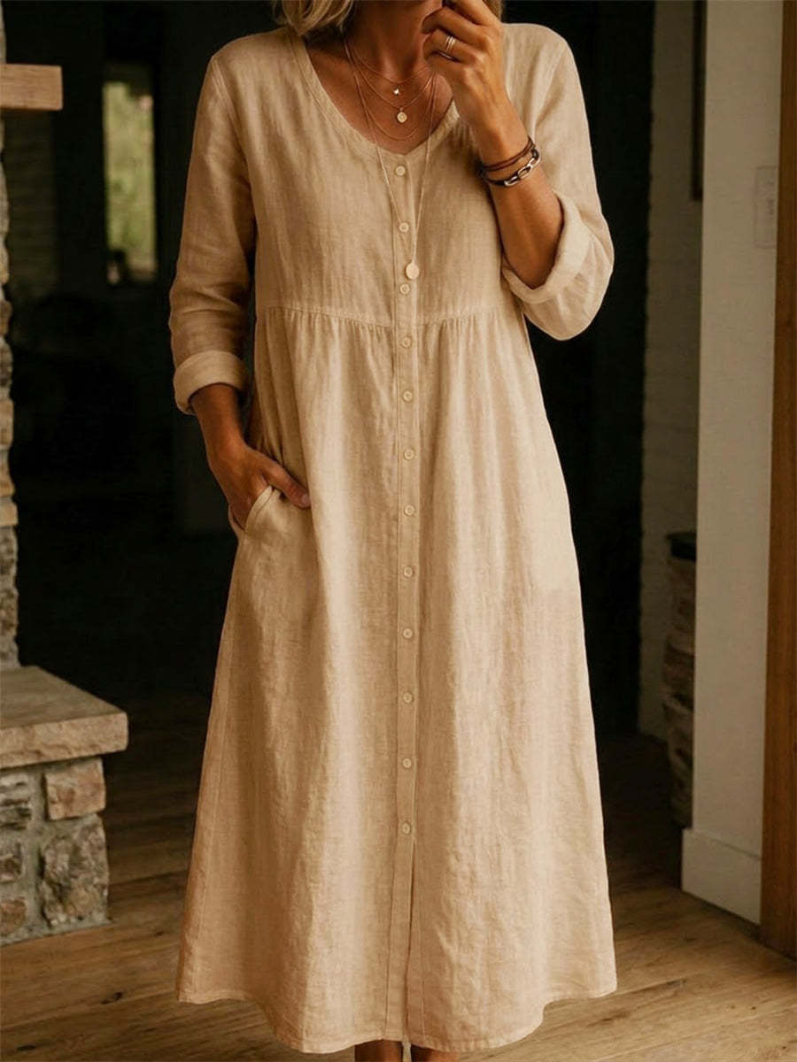 Fashionable Casual Loose Long-Sleeve Cotton-Linen Button-Up Womens Long Dress