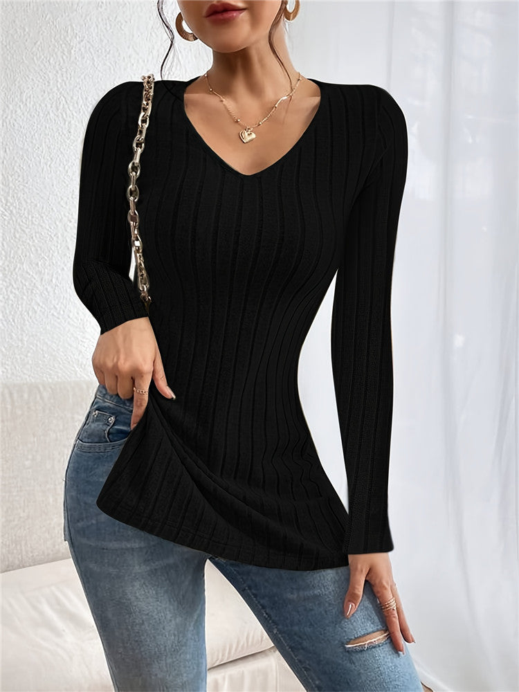 Women's Autumn Winter Coat V-neck Long Sleeve Sunken Stripe Brushed T-shirt
