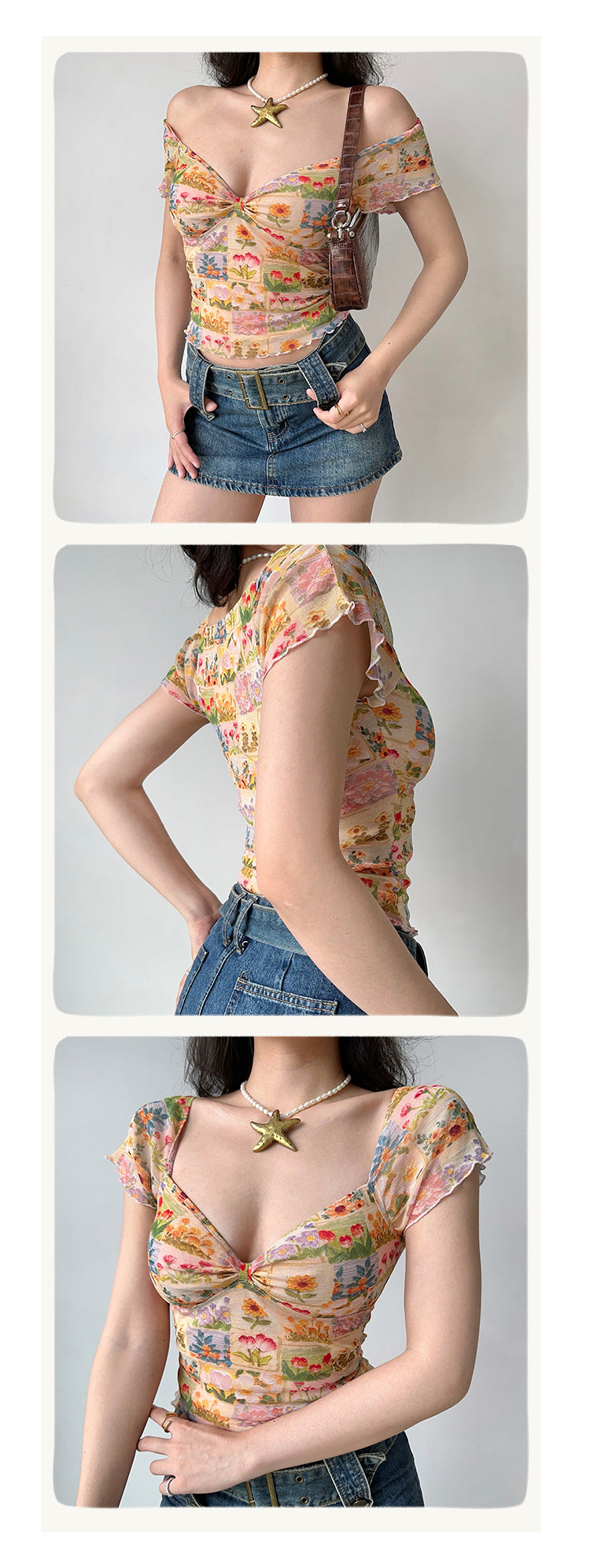 Oil Painting Flower Printed V-neck T-shirt Women's Mesh Short Sleeve Top