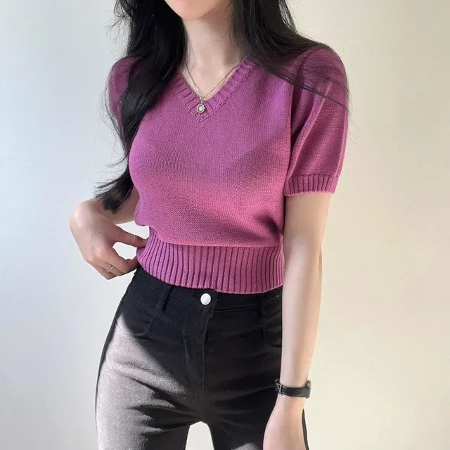Simple V-neck Solid Color Short-sleeved Sweater Casual Short Top