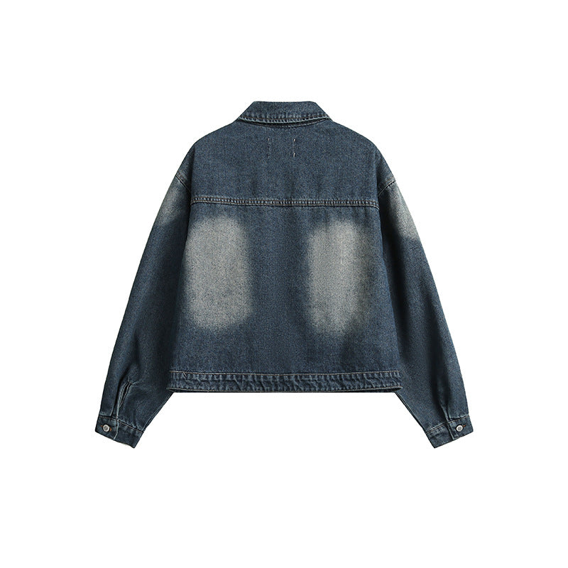 Three-dimensional Pocket Decoration Polo Collar Jacket Japanese-style Retro Washed Denim Jacket
