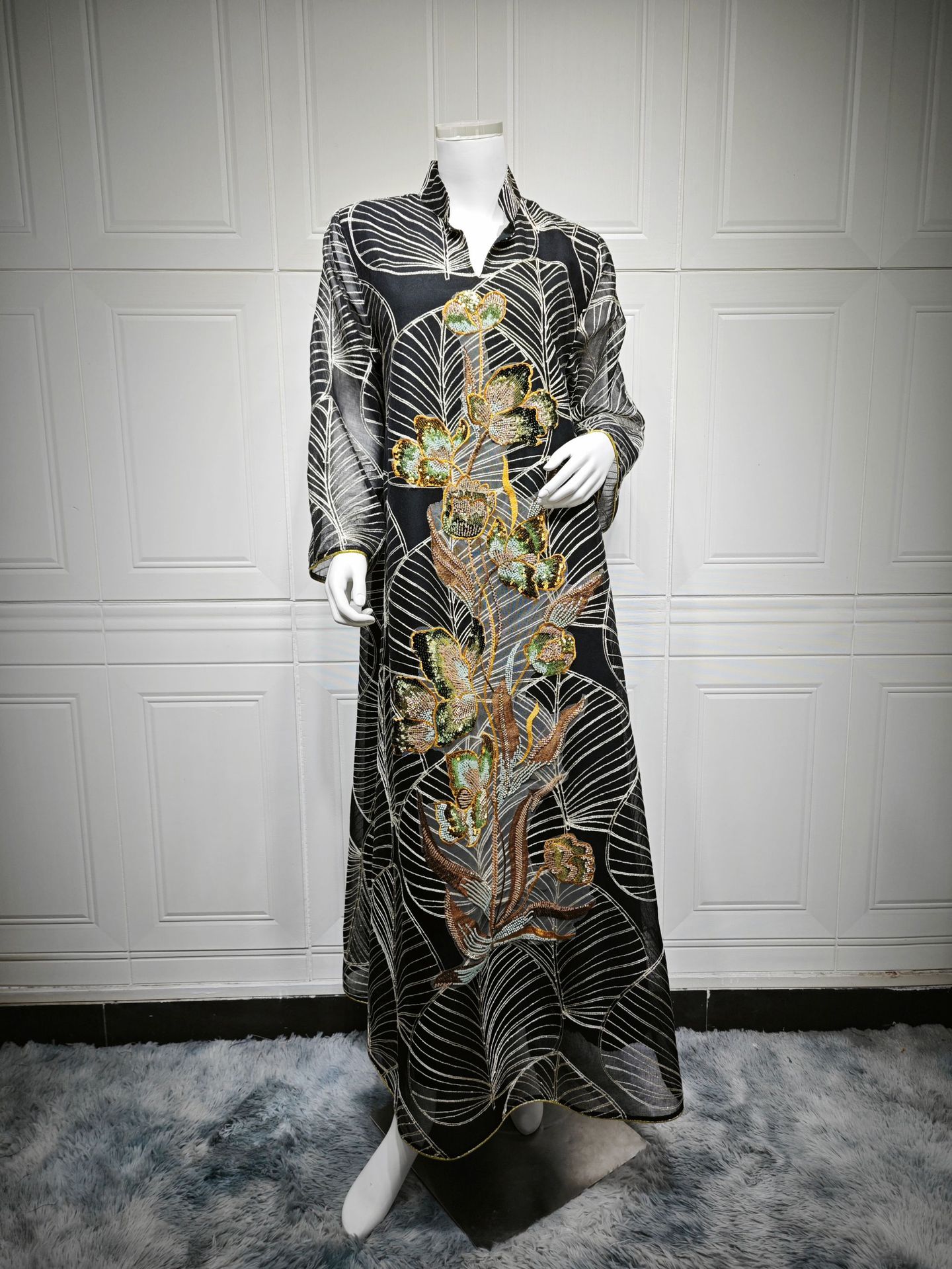 Womens Fashion Mesh Embroidered Long-Sleeve Dress