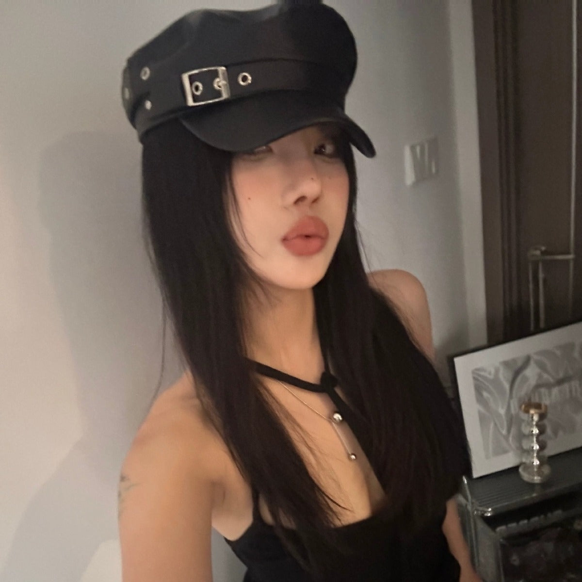 Girly-style Niche Leather-buckle Beret For Women Leather Octagonal Cap