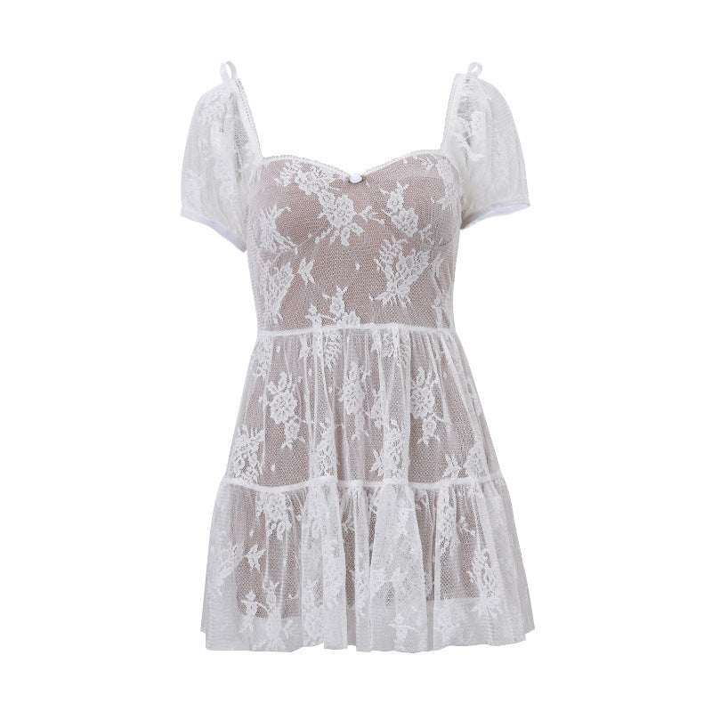Square-neck Mesh Waist-cinched Puffed-sleeve Short-sleeve Dress