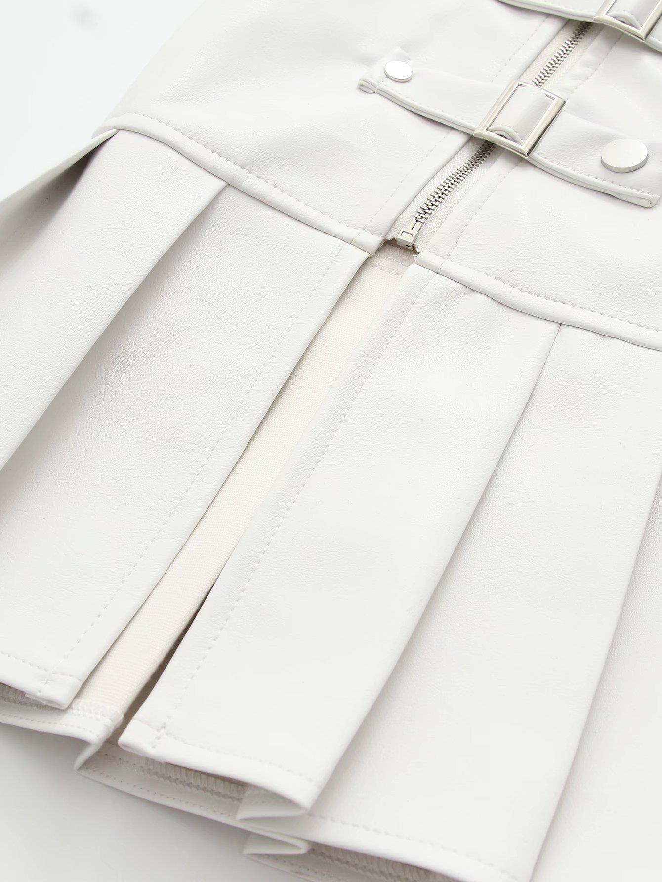 Zipper Split High Waist Mini Pleated Leather Skirt