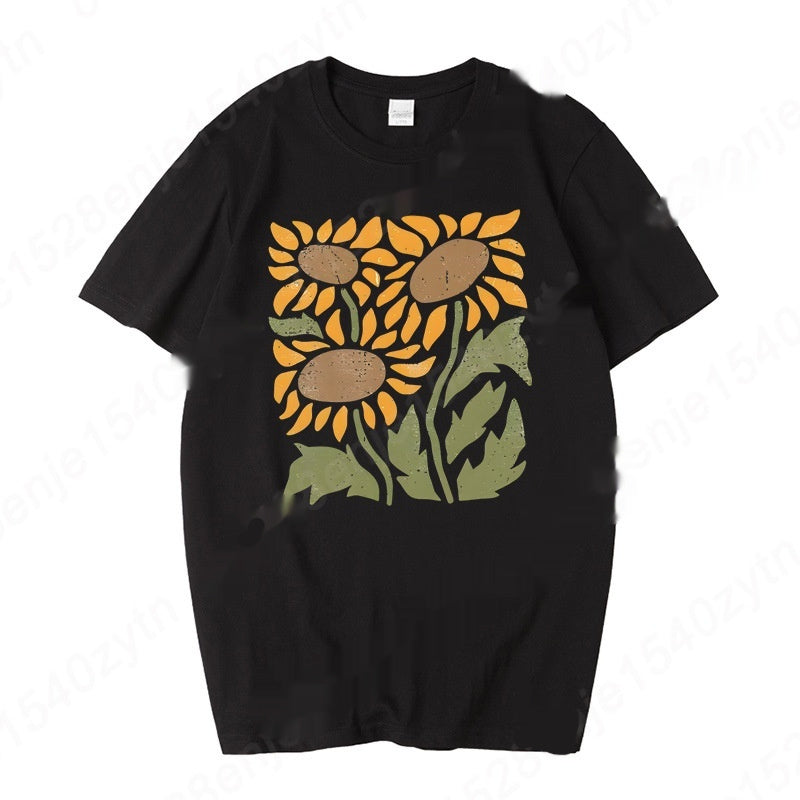 Dame T-shirt med solsikkeprint og rund hals