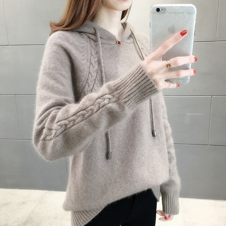 Women's Solid Color Loose Pullover Long Sleeve Hooded Knitted Sweater