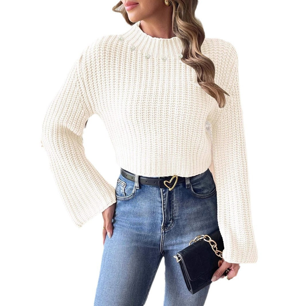 Women's Short Cropped Cropped Flared Sleeve Half Turtleneck Pullover