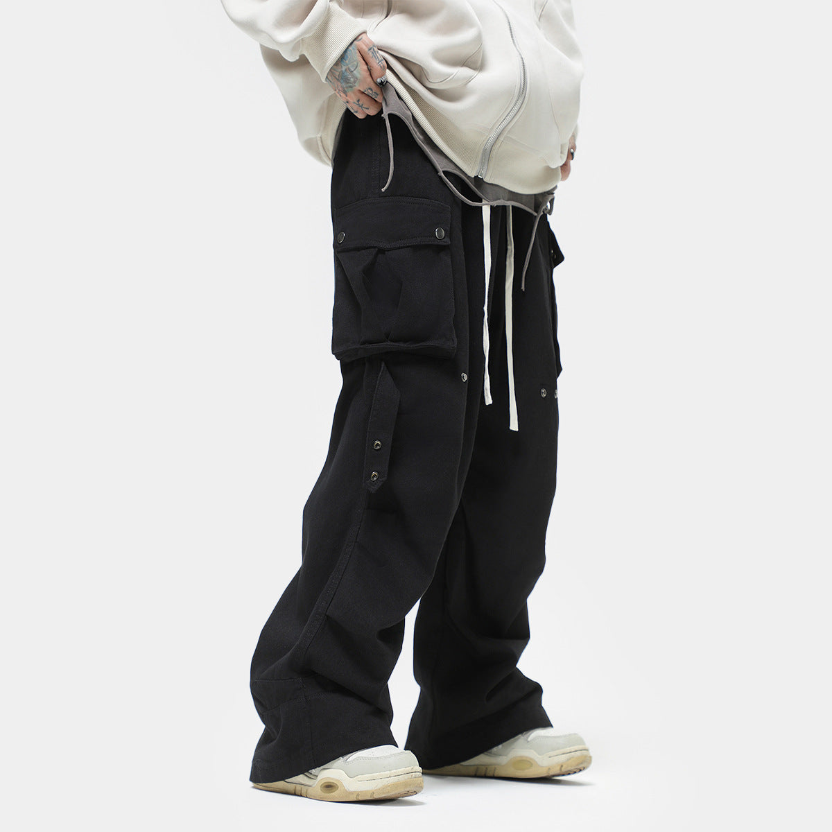 Pleated Elastic Waist Retro Wide Leg Workwear Pants