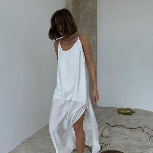 Womens Solid-Colored Casual Loose Simple One-Piece Pajama Dress