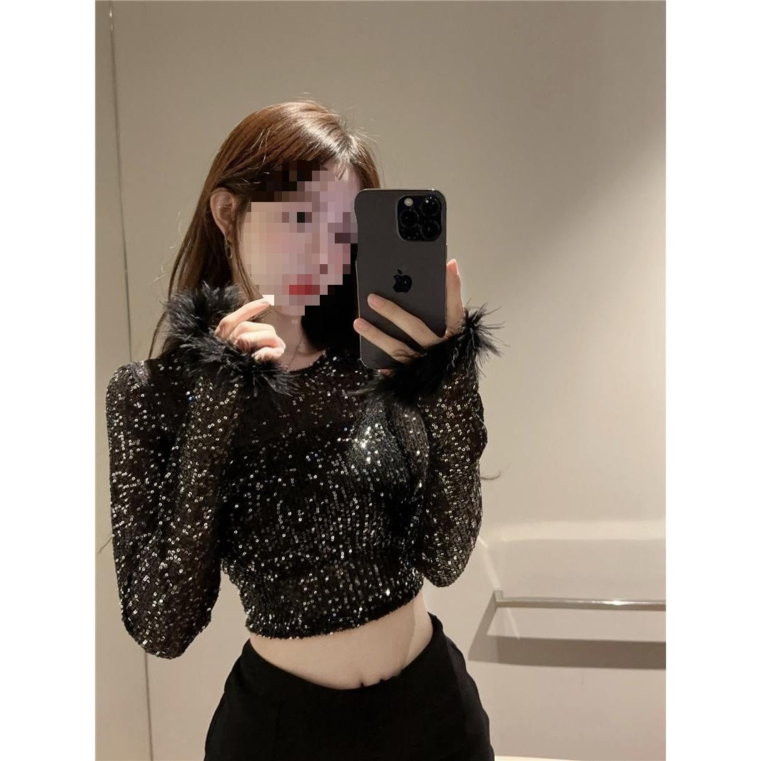 Hot Girl Paillet Besat Skinnende Top Manchet Syninger Strudsefjer Langærmet Kort
