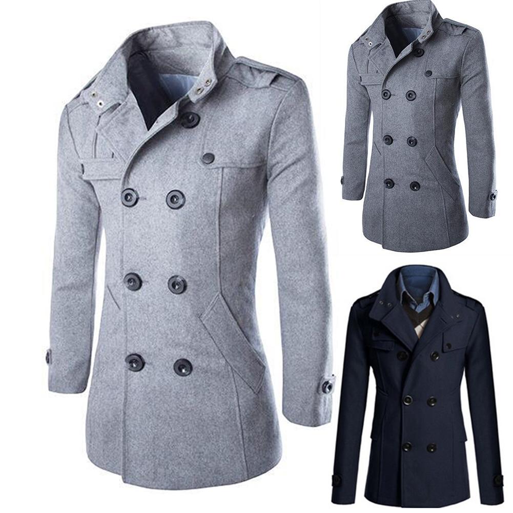 Trenchcoat i uld til mænd med stående krave og lange ærmer