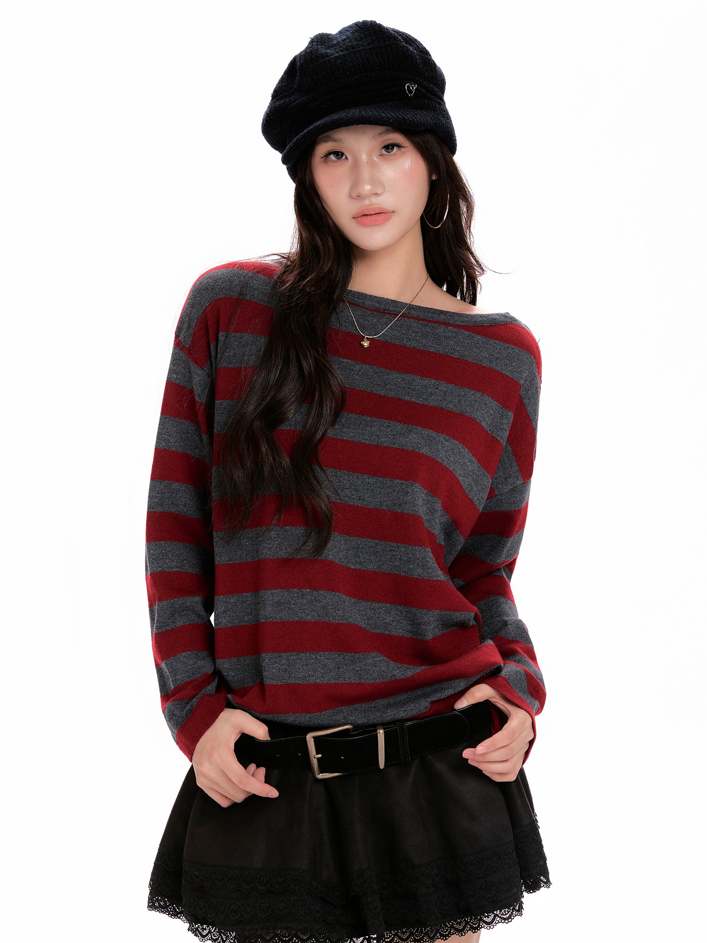 Women's Red-striped Long-sleeve Knit Sweater
