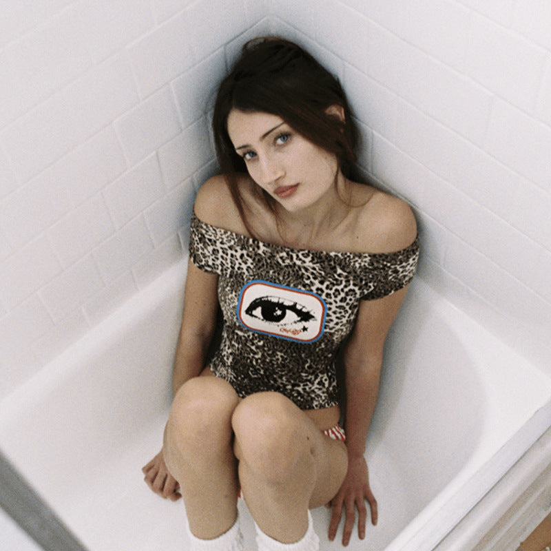 Leopard-print Eye Design Sexy Vintage Short-sleeve Top
