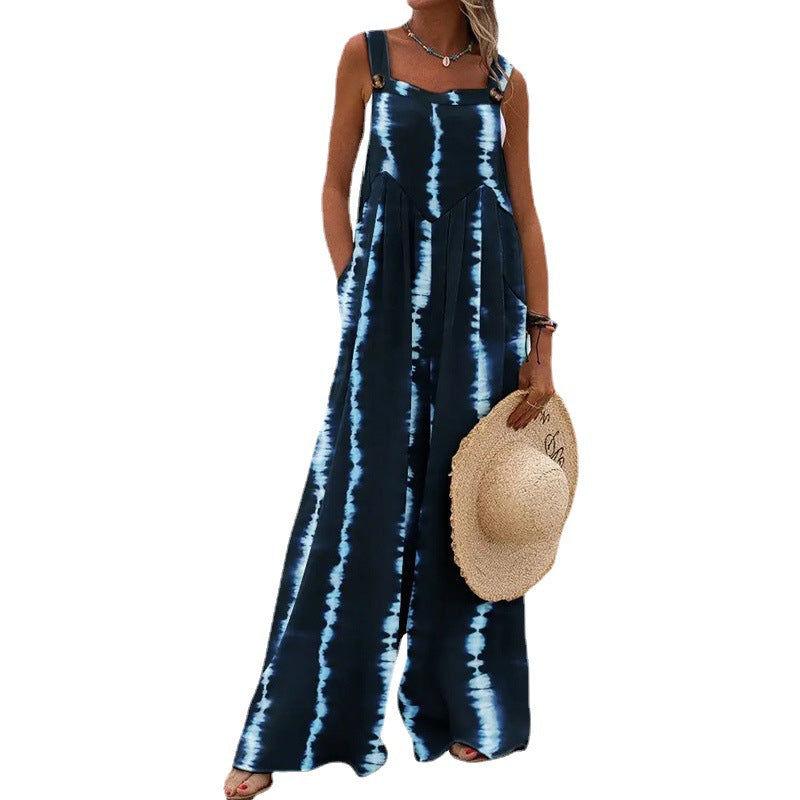 Printed Sleeveless Loose Casual Suspender Jumpsuit Wide Leg Pants Women