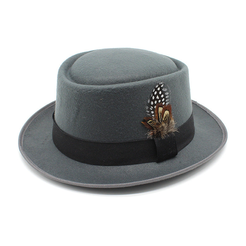 Versatile Jazz Hat Flat Top Woolen Feather French