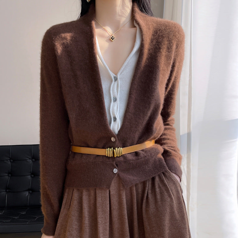 Pure Wool Women's Spring And Autumn V-neck Stitching Coat Knitted Top