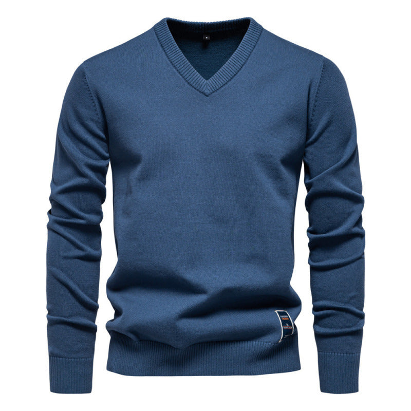 Autumn And Winter Pure Cotton Solid Color Hoodie V-neck Trendy Men's Clothing Sweater