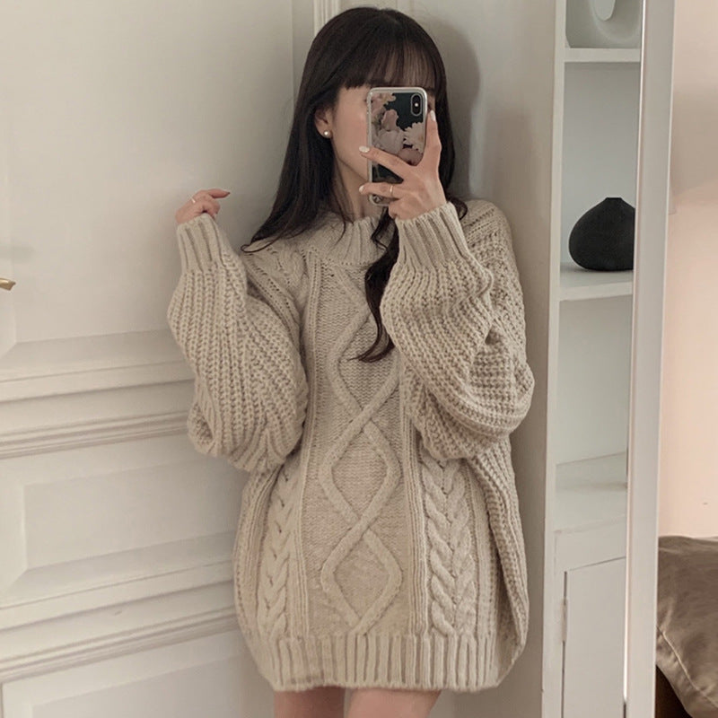 Side Button Hemp Pattern Design Loose Long Sleeve Knitted Sweater