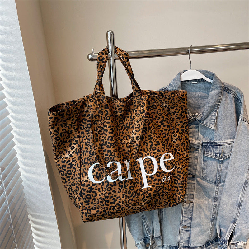 Unique One-shoulder Leopard Print Large Capacity Canvas Bag