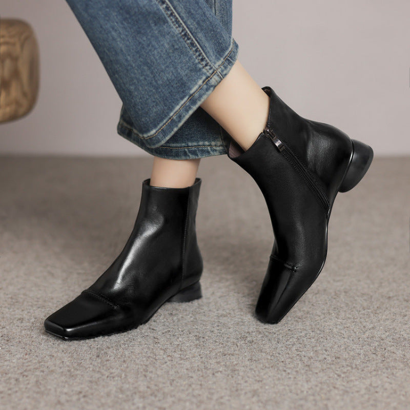 Women's Fashion Cowhide Shoes With A Square Toe, Side Zipper, And Chunky Mid-heel