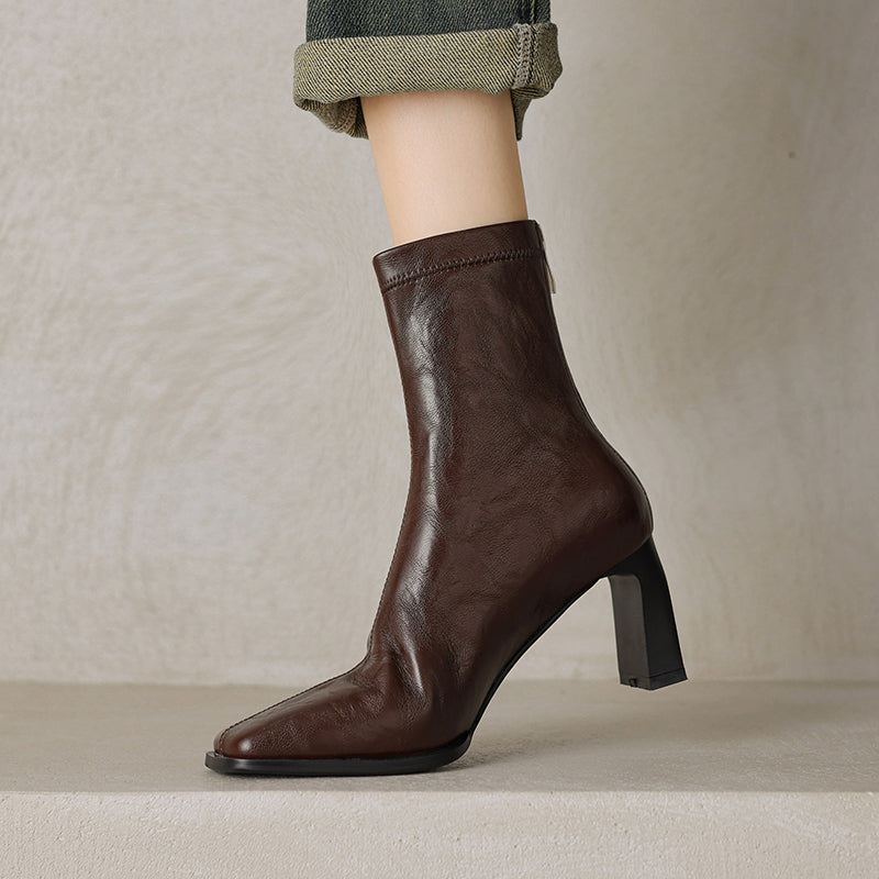 Women's Vintage Square Elastic Ankle Boots With Chunky Heels