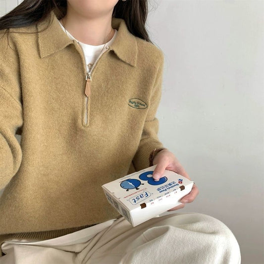 Koreansk Stil Enkel Polo Krave Lynlås Indvendig Strikket Sweater