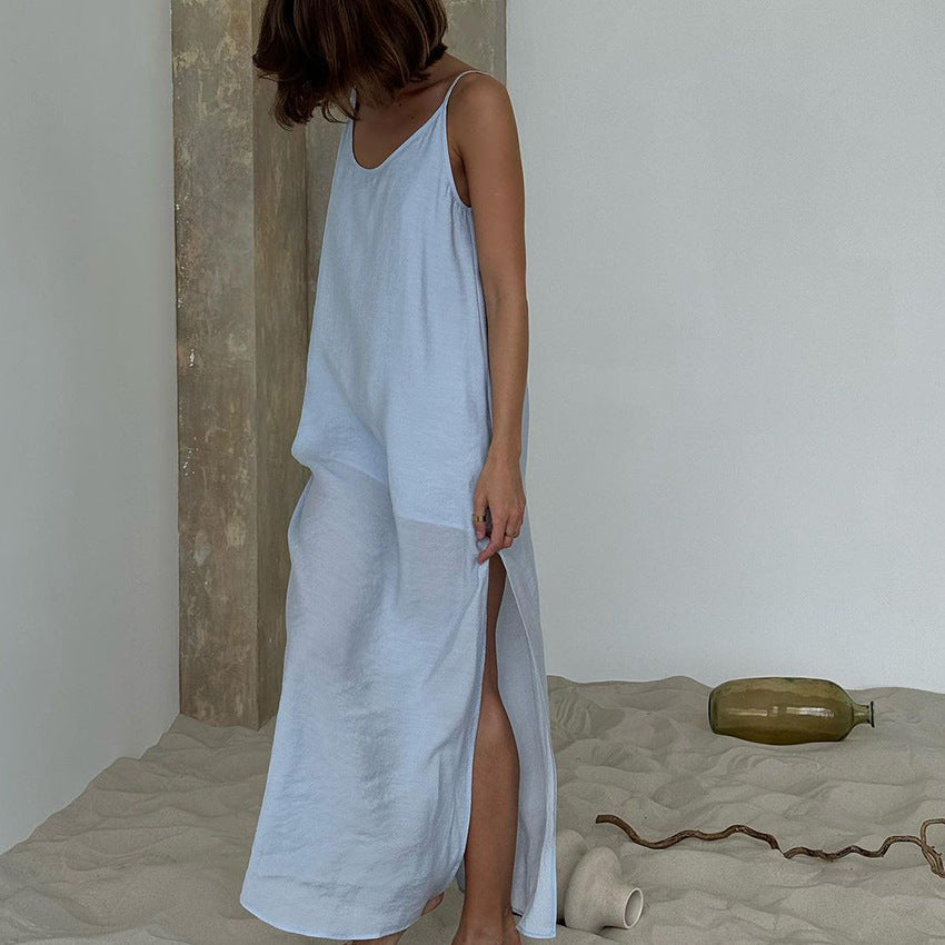 Womens Solid-Colored Casual Loose Simple One-Piece Pajama Dress