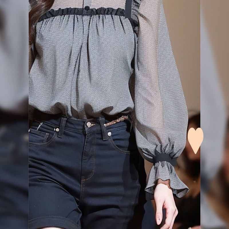 Black Ruffled Collar Long Sleeve Shirt