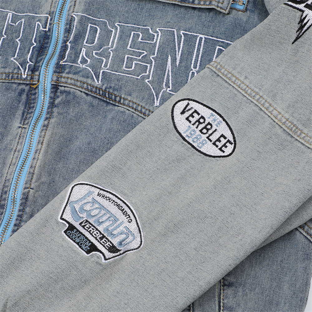 Men's Stitching Embroidered Letters Washed And Worn Zipper Denim Coat Fashion