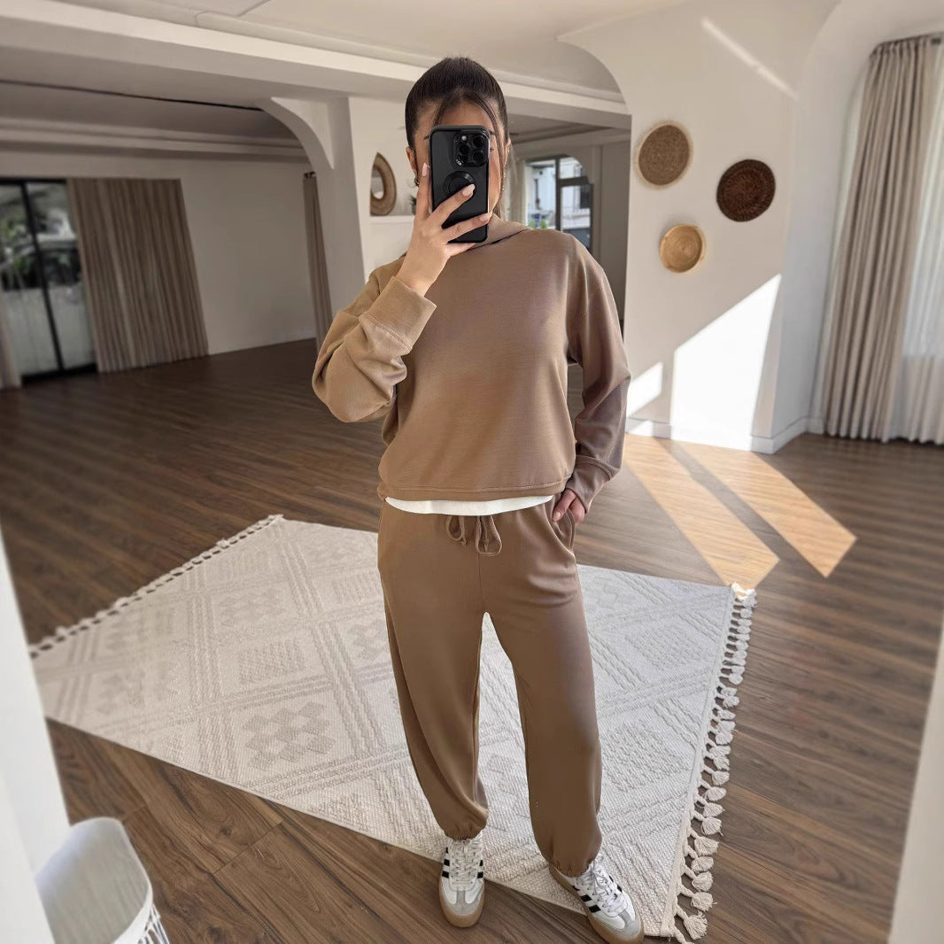 New Women's Solid Color Hooded Sweatshirt Two Pieces