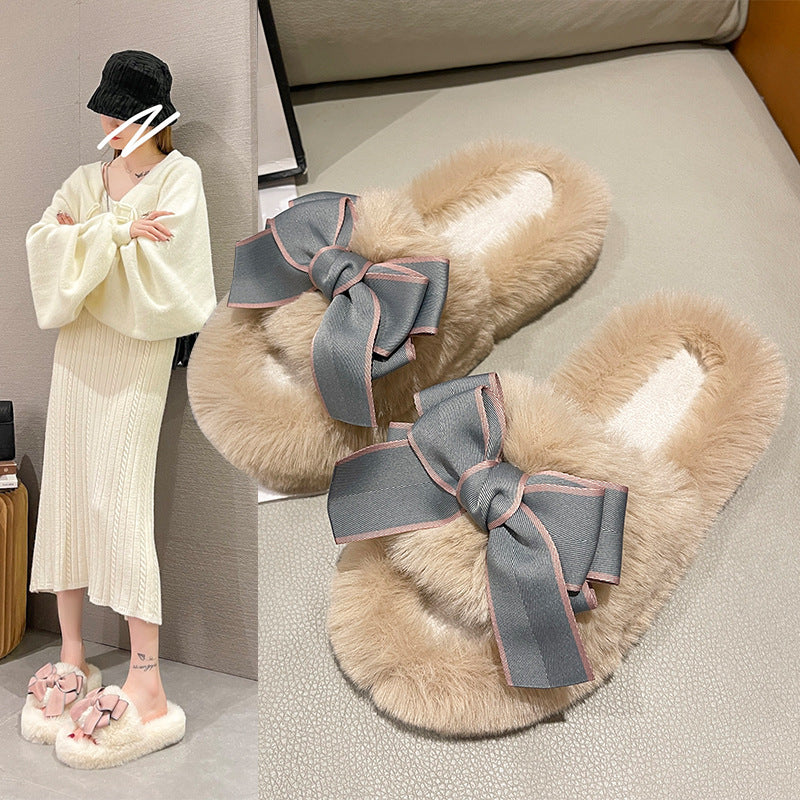 Cute Fashion Bowknot Plush Flat Slippers