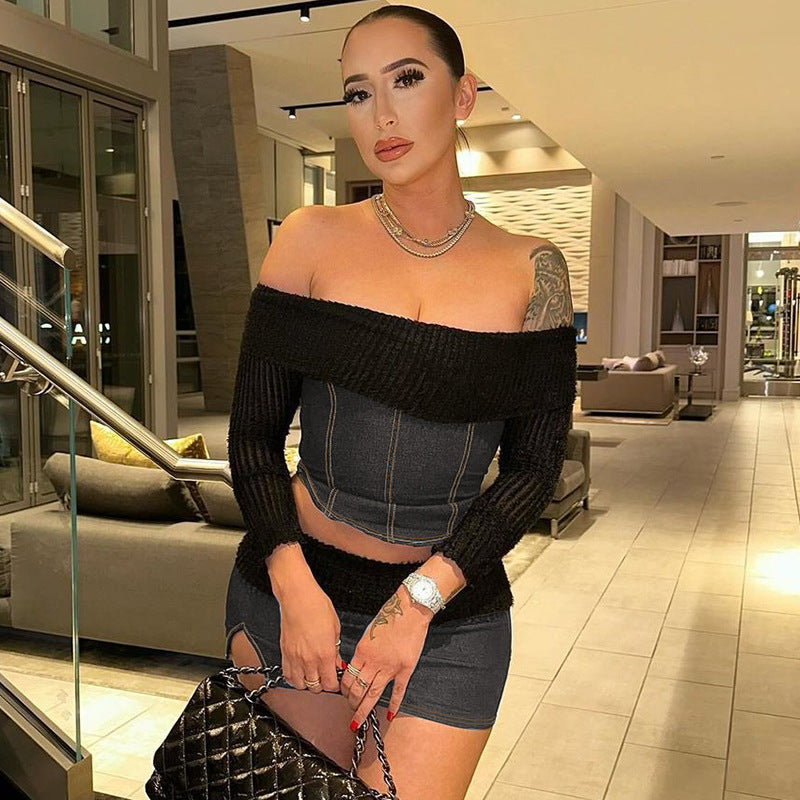 One-piece Top And Figure-hugging, Slit Mini Skirt Set