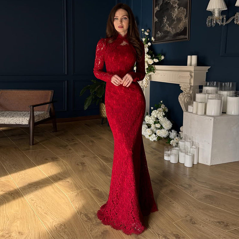 Womens Fashion High-Neck Long-Sleeve Lace Dress