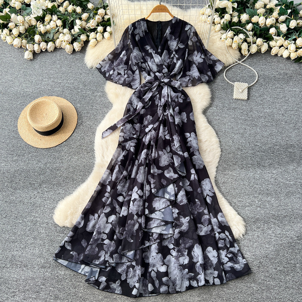 Strap-tied Waist V-Neck Irregular Print Chiffon Maxi Dress