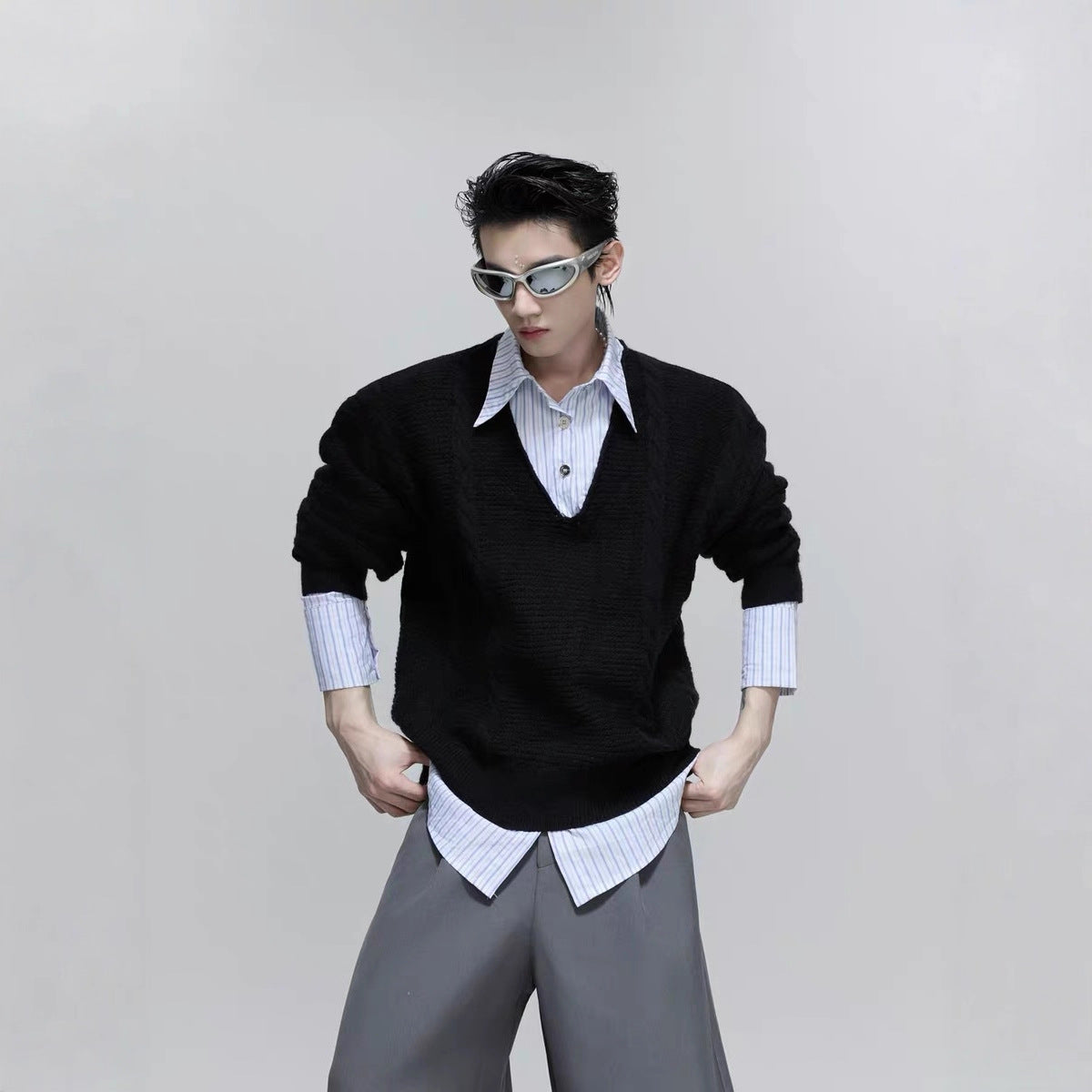 Mock Two-piece V-neck Sweater Featuring A Cable-knit Design