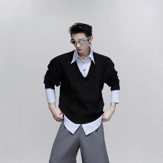 Mock Two-piece V-neck Sweater Featuring A Cable-knit Design