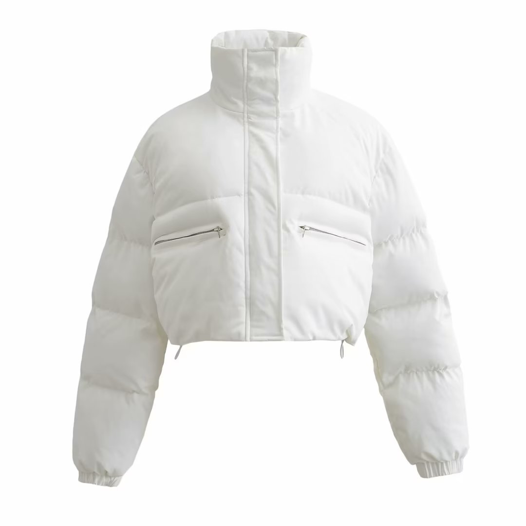 Dunfrakke til vinter med lynlås og opretstående krave i kort design