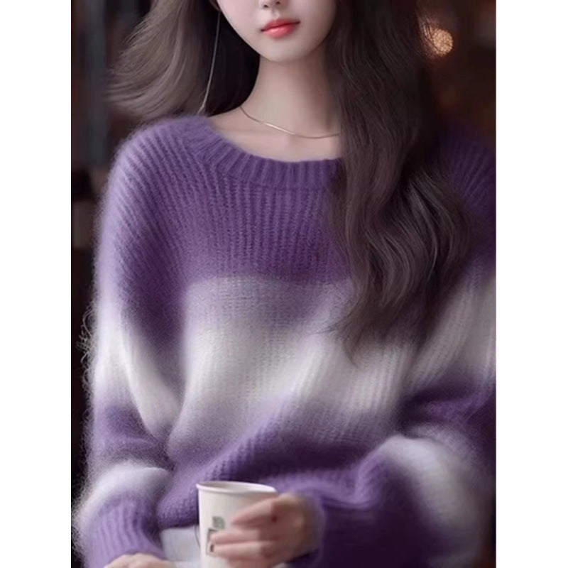 Purple Striped Knitted Soft Glutinous Wool Sweater